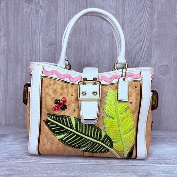 Coach Handbags - Vintage rare Coach Straw ladybug leaf tote bag purse rhinestone handbag summer